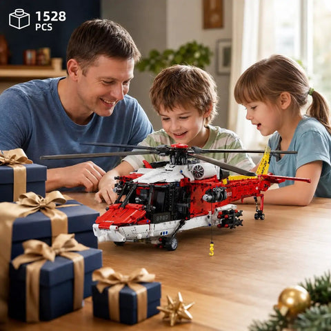 Family assembling Rescue Helicopter Building Set for Adults and Aviation Nerds, Large Military Model Kit on table.