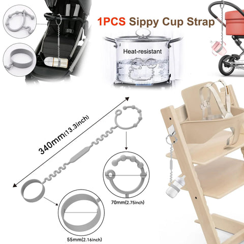 Sippy cup strap for Universal Booster Wheel Kit For Tripp Trapp High Chairs By Stokke, showing dimensions and usage