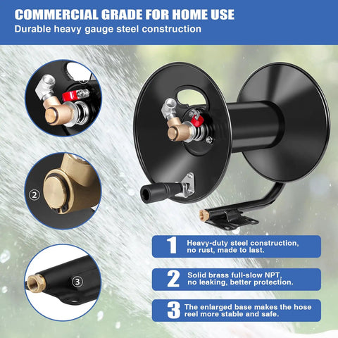 Beefy Heavy Duty Pressure Washer Hose Reel For Outdoor Use with steel construction and brass fittings, detailed view