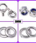 Eight Piece M14 Male Thread Eye Bolt Kit Stainless Steel 304 For Lifting And Rigging Includes Two Eye Bolts Two Lock Nuts Two Lock Washers And Two Flat Washers Perfect For Hoisting Boats Marine And Industrial Use. M14 eye bolts, nuts, and washers displayed.