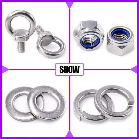 Eight Piece M14 Male Thread Eye Bolt Kit Stainless Steel 304 For Lifting And Rigging Includes Two Eye Bolts Two Lock Nuts Two Lock Washers And Two Flat Washers Perfect For Hoisting Boats Marine And Industrial Use. M14 eye bolts, nuts, and washers displayed.