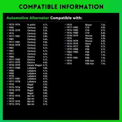 Compatibility chart for chrome one wire beefed up 105 amp self exciting high output 10SI style GM Chevy small block alternator