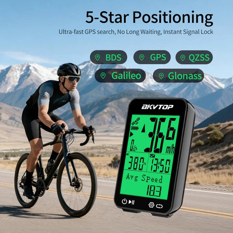 Cyclist with GPS Bike Computer With Wireless Cycling Data, 2.4 Inch LCD Speedometer, Auto Start Stop, mountain background