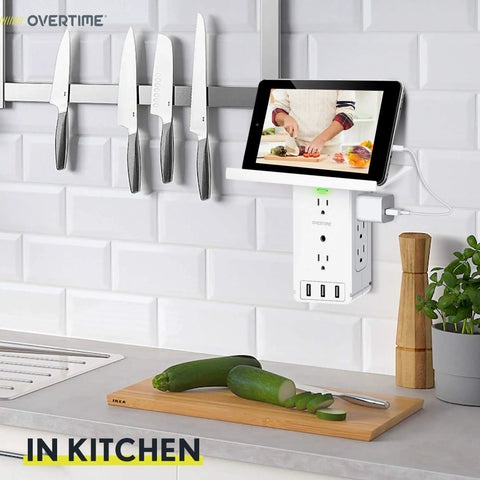 8 Outlet Wall Outlet Extender With 3 USB Ports And Built In Shelf Charging Station, Cable Organizer in kitchen with tablet