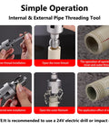 2pc Threader Set For PVC Pipes 1/2 And 3/4 Inch Opener With Electric Drill High Hardness Alloy Pipe Threading Tool Kit showing inner and outer thread installation.