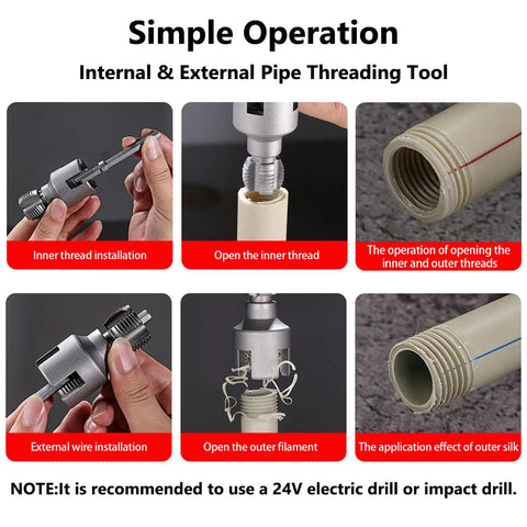 2pc Threader Set For PVC Pipes 1/2 And 3/4 Inch Opener With Electric Drill High Hardness Alloy Pipe Threading Tool Kit showing inner and outer thread installation.