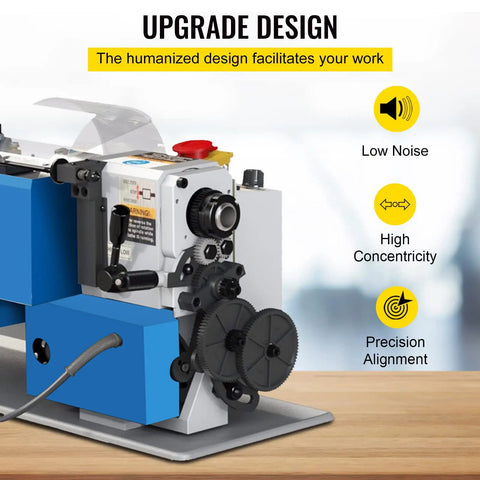 Built Tough 7 X 12 Inch Mini Metal Lathe Benchtop Machining Station showing upgrade design features including low noise and precision alignment.