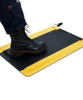 Person standing on Ergonomic Anti Fatigue Floor Mat Two By Three Foot ESD Conductive Pad With Ground Wire Heavy Duty Standing Mat