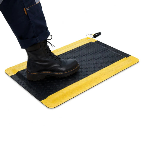 Person standing on Ergonomic Anti Fatigue Floor Mat Two By Three Foot ESD Conductive Pad With Ground Wire Heavy Duty Standing Mat