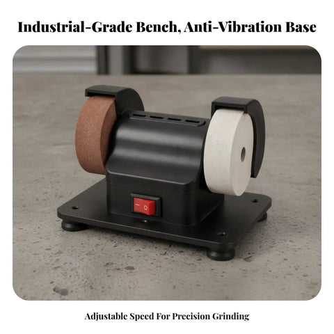 Bad Boy Twin Wheel Mini Bench Grinder With Slick Rubber Footed Base For Sharpening Polishing Space Saving Design 220 Volt Electric Edger Machine Perfect For Garage Setup Multi Speed Heavy Duty Grinding Wheels Solid Workstation on anti-vibration base with adjustable speed.