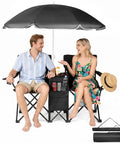 Two Person Folding Camping Chair With Adjustable Umbrella Built In Cooler And Beverage Holder Detachable Side Table Carrying Bag Heavy Duty Steel Frame Large Weight Capacity For Beach Patio Park Outdoor Black