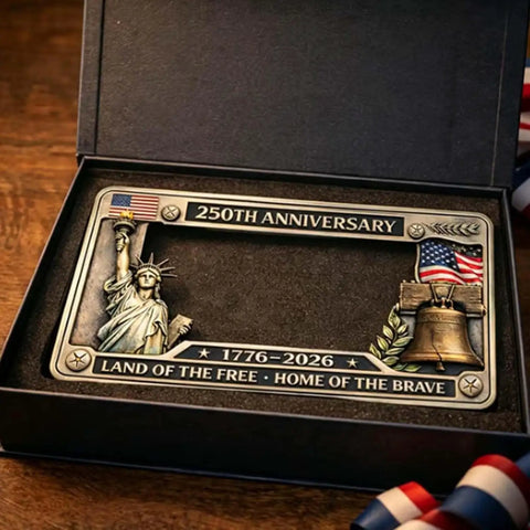 250th Anniversary Patriotic License Plate Frame Celebrating 1776 To 2026 With USA Flag Design featuring Liberty Bell and Statue of Liberty