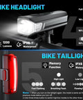 USB C Rechargeable Bike Light Set Front Headlight And Rear Taillight With 9 Modes 1200 Lumen Brightness IPX6 Waterproof