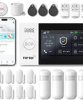 Wireless Home Security Alarm System Kit With 4G LTE And WiFi, 4.3 Inch Touch Screen Control, app alerts, sensors, and remotes shown