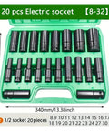 Open case displaying 20 Pieces 8 To 32 Millimeters Hex Air Socket Set With Extensions For Electric Wrench And Air Gun Repairs