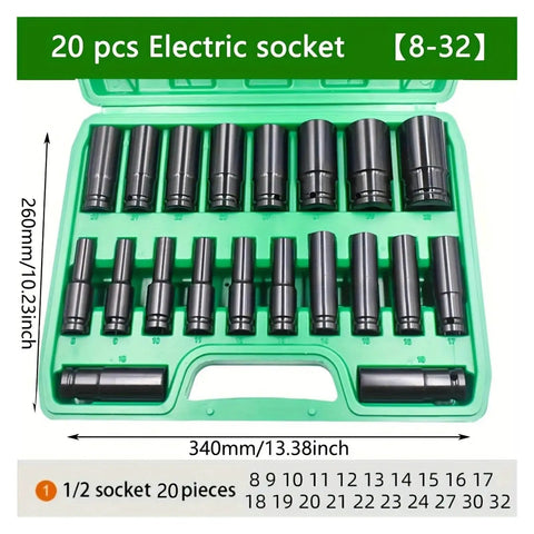 Open case displaying 20 Pieces 8 To 32 Millimeters Hex Air Socket Set With Extensions For Electric Wrench And Air Gun Repairs