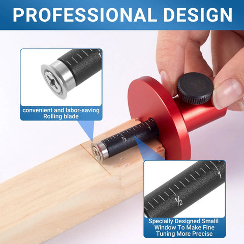 Professional Wheel Marking Gauge With Micro Adjustment For Woodworking Dang Accurate Dual Metric And Imperial Scale Carbide Scriber in use on wood.