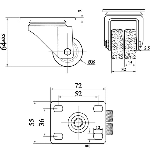 Heavy Duty Swivel Caster Wheels Set Of Four, 1.5 Inch Double Nylon Rollers Built Like A Tank For Beds And Workbenches, Smooth As Butter Gliding Plate Casters Holding 2200 Lbs, Rock Solid Black Kit dimensions drawing.