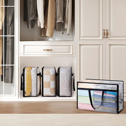 Roomy Clear Storage Sacks, Heavy Duty 60L Zippered Packing Bags For Seasonal Clothes And Bedding stacked in a closet.