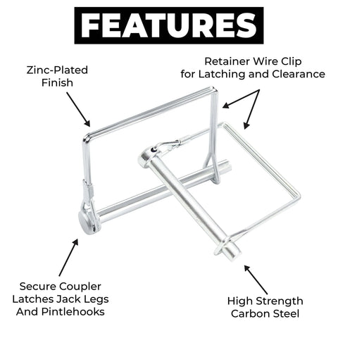 Features of Ten Pack 2.75 Inch By 0.25 Inch Trailer Pins with zinc-plated finish, retainer wire clip, high strength carbon steel