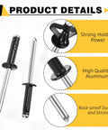 200 Pack 3/16 Inch Head Aluminum Tri Grip Exploding Pop Rivets Bulb Style Trifold Fasteners, black and silver, design details