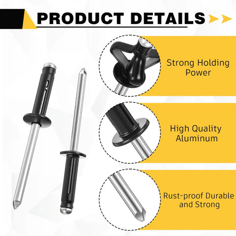 200 Pack 3/16 Inch Head Aluminum Tri Grip Exploding Pop Rivets Bulb Style Trifold Fasteners, black and silver, design details