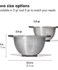 Non Slip Grip 5 Qt Stainless Steel Colander with Comfortable Handles for Pasta and Veggies alongside 3 Qt option front view