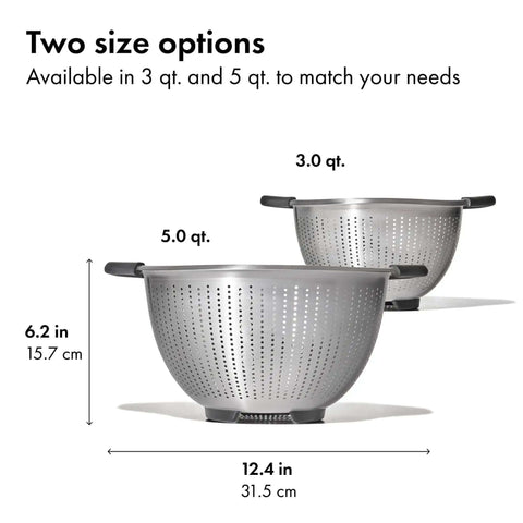 Non Slip Grip 5 Qt Stainless Steel Colander with Comfortable Handles for Pasta and Veggies alongside 3 Qt option front view