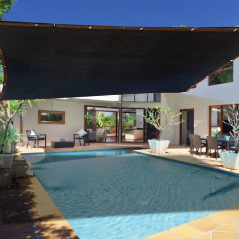 Pool area with a 90 Percent Shade Cloth For Dog Kennels And Outdoor Spaces Heavy Duty Sunblock Shade Mesh Tarp providing sun protection