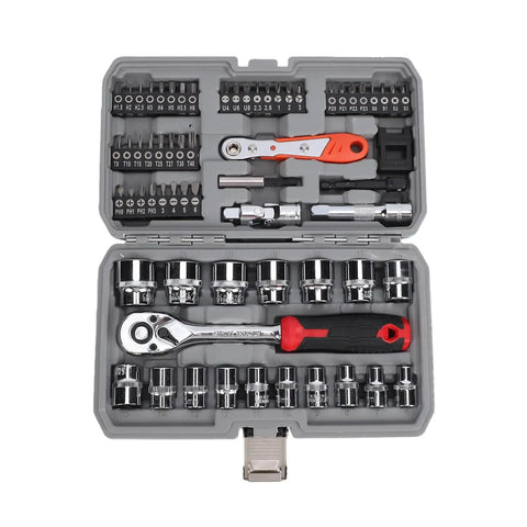 64 Piece Three Eighths Inch Ratchet Socket Set Beefy Build Heavy Duty Durable Steel With 72 Tooth Ratchet in open toolbox