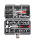 Open case of Three Eighths Inch Socket Set, Sixty-Four Piece Ratchet Wrench Kit with 72-Tooth Ratchet and Bit Driver on display.