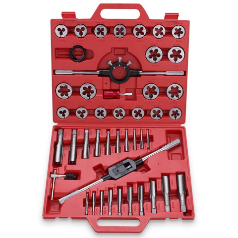 45-Piece Top Notch Large Size Tap And Die Set For SAE Threads With Coarse And Fine Teeth Includes Handle Wrench And Case Crafted From Industrial Grade GCr15 Steel For Precise Threading And Rethreading in red case