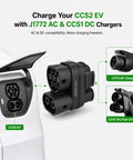 Super Hella Reliable CCS1 To CCS2 EV Charger Adapter Plug And Play Fast Charging Connector connected to CCS2 EV and J1772 charger.