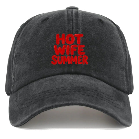 Effortlessly Cool Lightweight Summer Cotton Dad Hat For Women With Adjustable Strap, front view, black with red "HOT WIFE SUMMER" text.