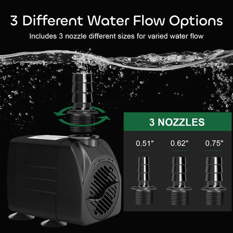 550 GPH Submersible Fountain Pump With 7.2 Ft Lift, 30W, features three nozzles in different sizes for adjustable water flow.