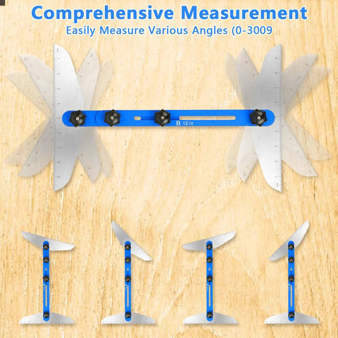 Stair Tread Template Tool Aluminum Alloy Jig for stair measuring, layout angles 0-300°, adjustable tread gauge on wood surface