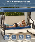 Woman relaxing on Three Seat Patio Porch Swing With Canopy And Adjustable Backrest, Outdoor Glider with Stand, blue canopy.