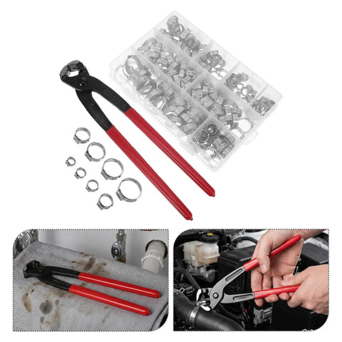 VICASKY Premium Stainless Steel Hose Clamp Crimping Tool Kit With 160 Nonstep Single Ear Clamps For Rust Proof Auto And Home Repairs In Handy Organized Case, pliers and assorted clamps