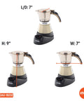 Dang Compact Two Cup Electric Espresso Maker With Cool Touch Handle dimensions, 7" length, 7" width, 9" height for small spaces.