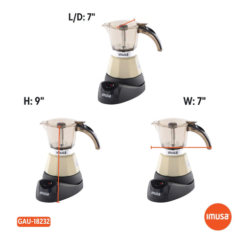 Dang Compact Two Cup Electric Espresso Maker With Cool Touch Handle dimensions, 7" length, 7" width, 9" height for small spaces.
