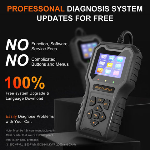OBD2 Car Code Reader And Oil Light Reset Scanner For 1996 And Up Cars, OBDII Diagnostic Tool in black with display screen