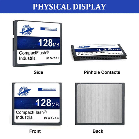 Heavy Duty 128Mb Compact Flash Memory Card Type I FAT16 Industrial Grade CF Card with pinhole contacts and labels on all sides.