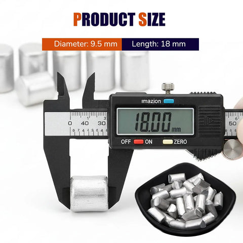 Premium Grade 99.6 Percent Pure Aluminum Ingots And Pellets Pack One Pound Raw Metal Blocks measured at 18mm length and 9.5mm diameter.
