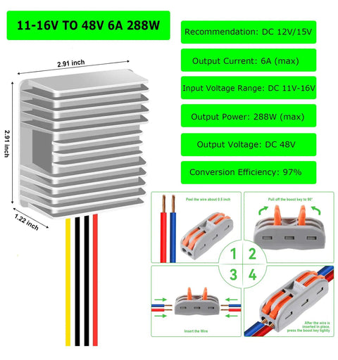 12V To 48V Boost Converter 288W 6A Step Up Voltage Regulator dimensions and wiring instructions