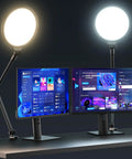 10 Inch Key Light For Streaming With Adjustable Desk Arm, illuminating dual monitors in a dark setting