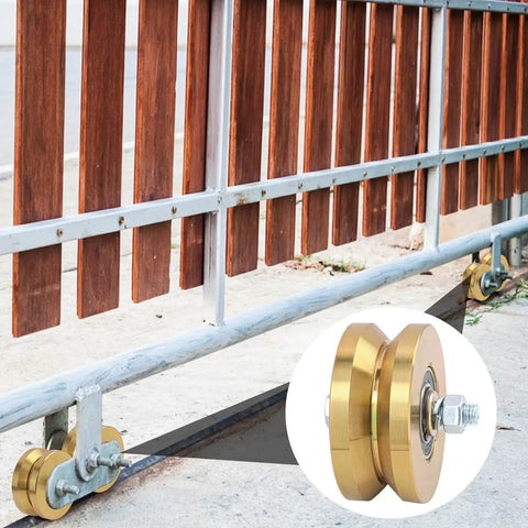 Built Like A Tank 4 Inch Sliding Gate Rollers Wheels 2 Pack, showing V Groove track wheels mounted on a wooden gate.