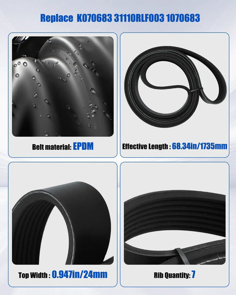 Top Tier Serpentine Drive Belt For Honda Crv L4 2.4L And Dodge Ram 1500 Viper With Seven Ribs Long Lasting Epdm Rubber Cord.