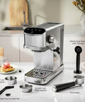 Compact Stainless Steel Espresso Machine, 20 Bar Pressure, Integrated Milk Frother, 45 Oz Tank, showing accessories and controls.