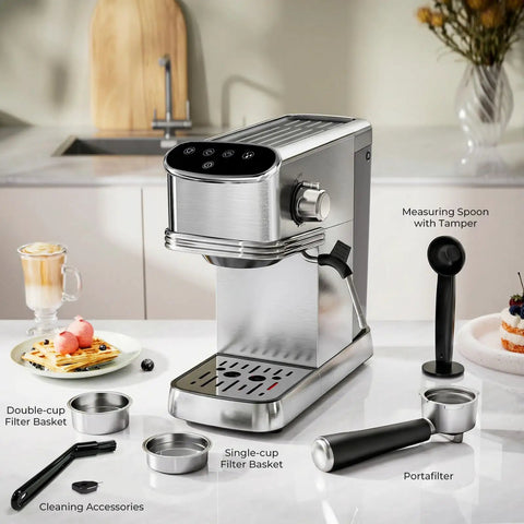 Compact Stainless Steel Espresso Machine, 20 Bar Pressure, Integrated Milk Frother, 45 Oz Tank, showing accessories and controls.