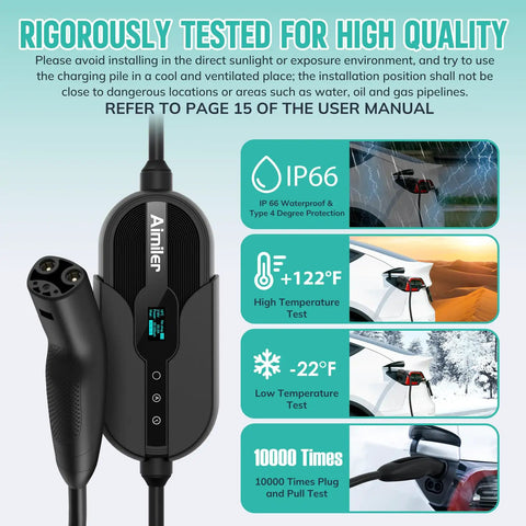 Portable Tesla Ev Charger Built For Home Level 1 And 2 Quick Charging 16 Amp 25 Foot Cable ETL certified with IP66 rating.